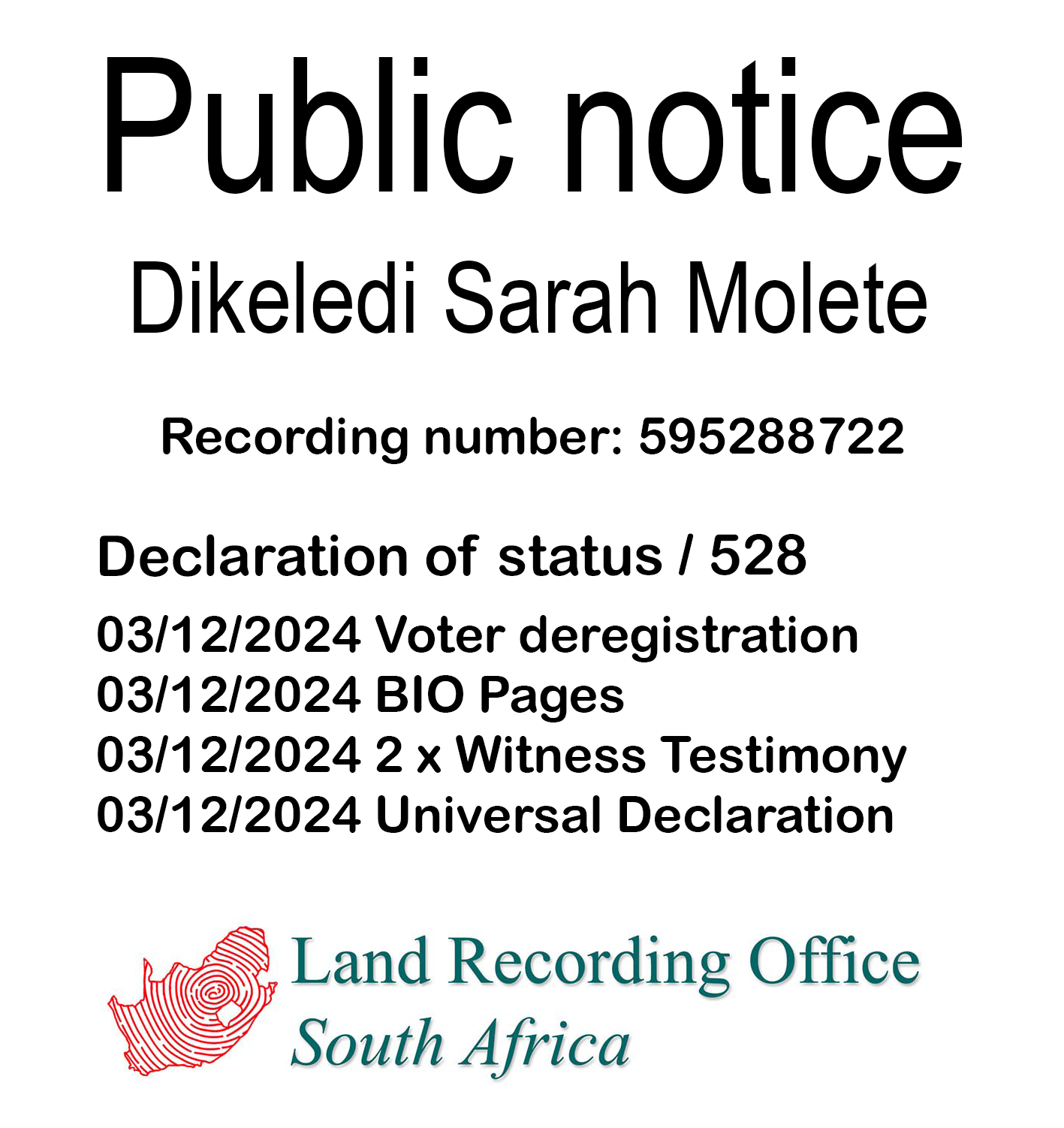 Public notice Dikeledi Sarah Molete Recording number 595288722